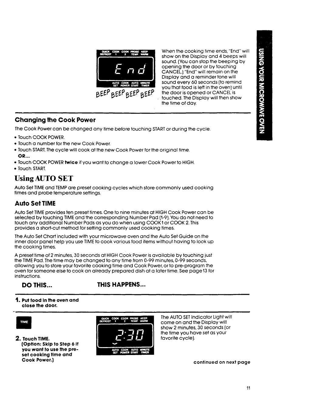 Whirlpool MH7lOOXY manual Using Auto SET, Changing the Cook Power, Auto Set Time 