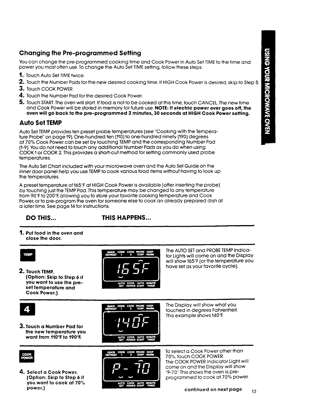 Whirlpool MH7lOOXY manual Changing the Pre-programmed Setting, Auto Set Temp 