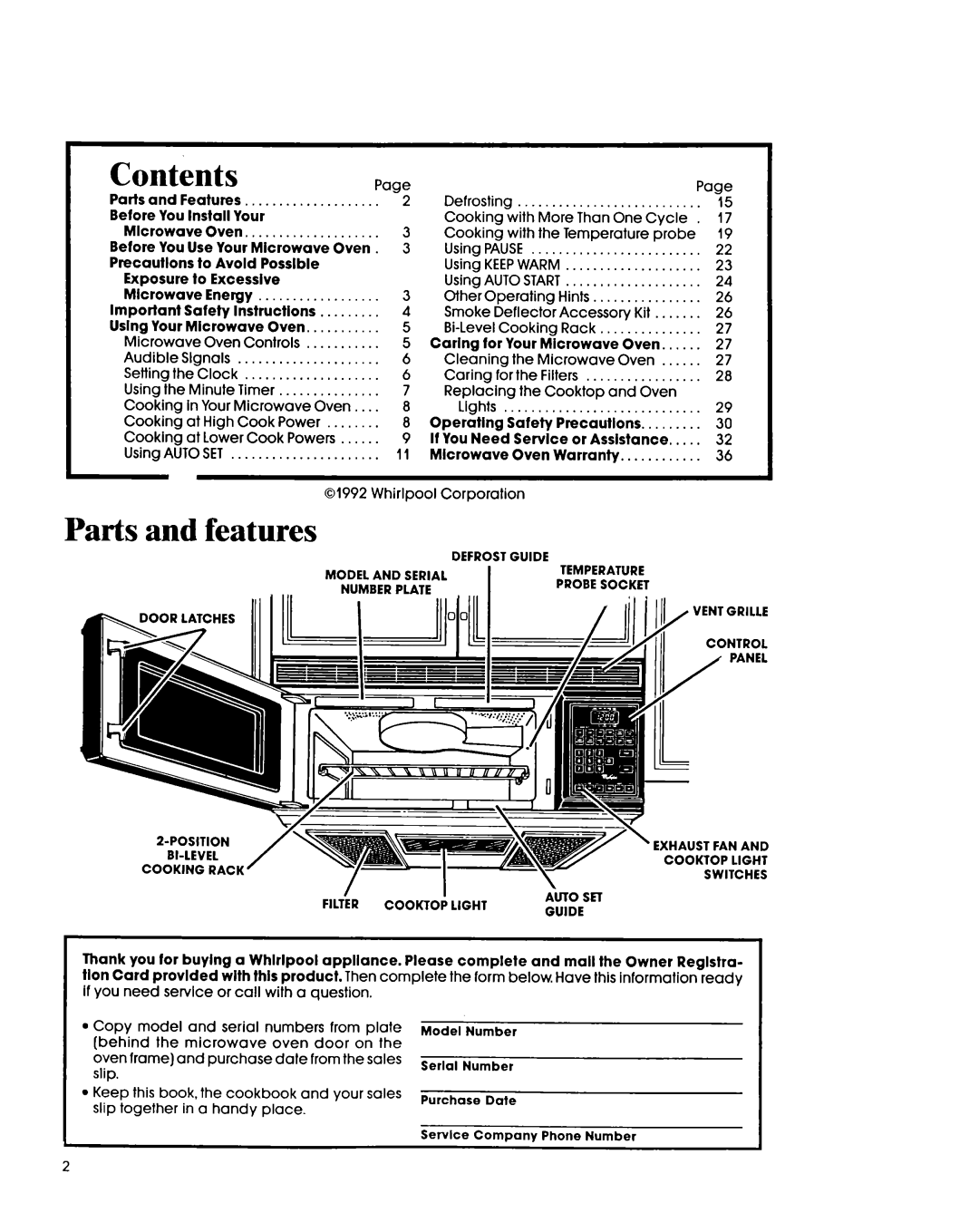 Whirlpool MH7lOOXY manual Contents 