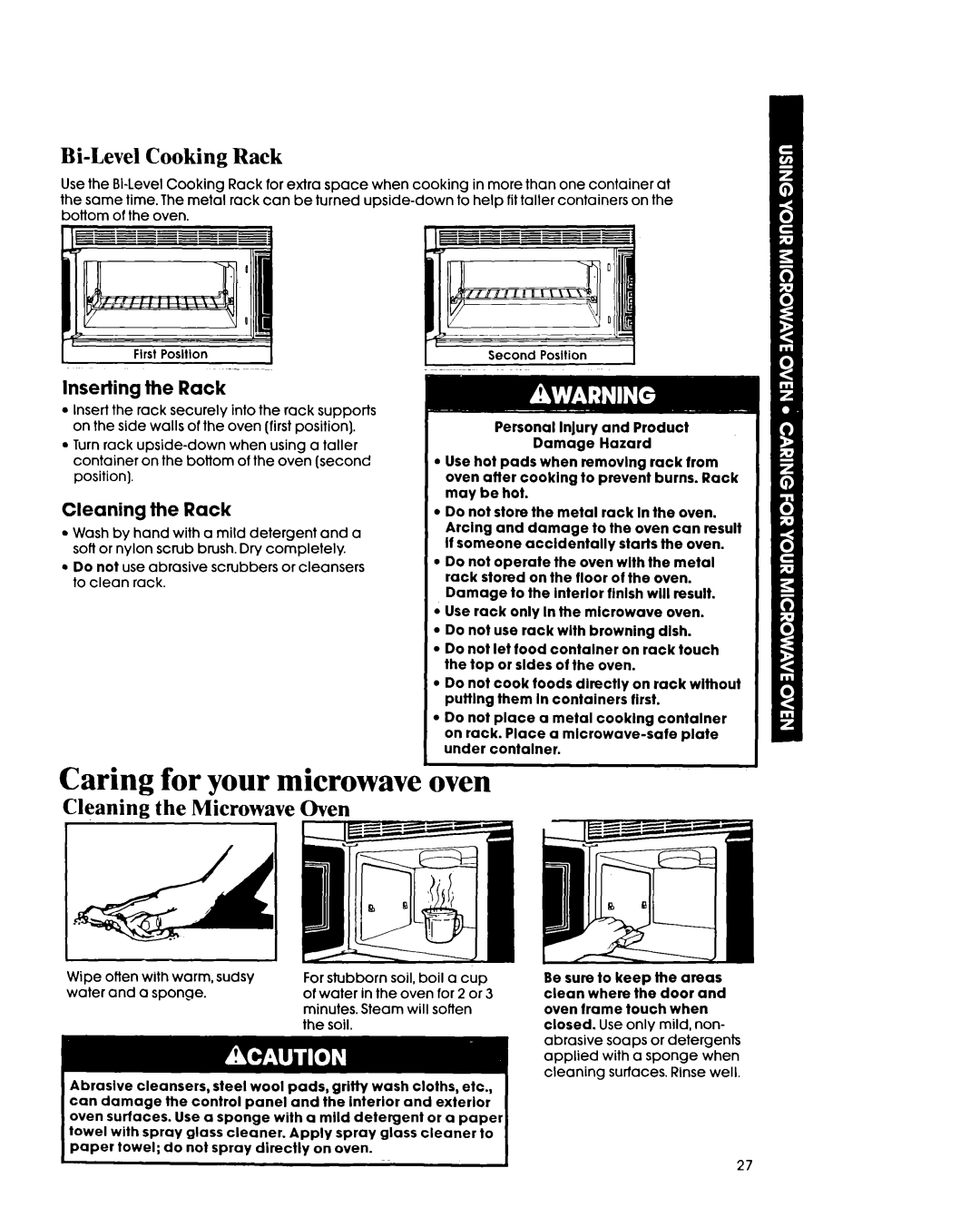 Whirlpool MH7lOOXY manual Bi-Level Cooking Rack, Cleaning the Microwave Oven, Inserting the Rack, Cleaning the Rack 