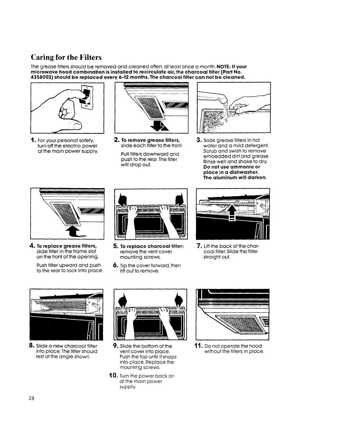 Whirlpool MH7lOOXY manual Caring for the Filters 