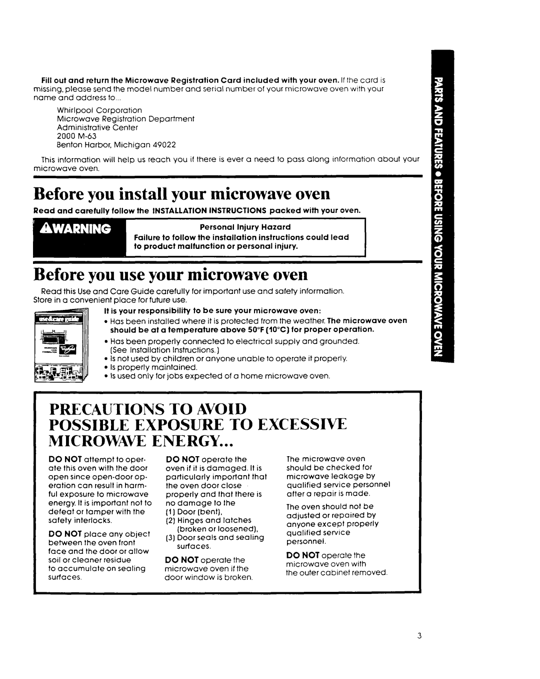 Whirlpool MH7lOOXY manual Before you install your microwave oven 