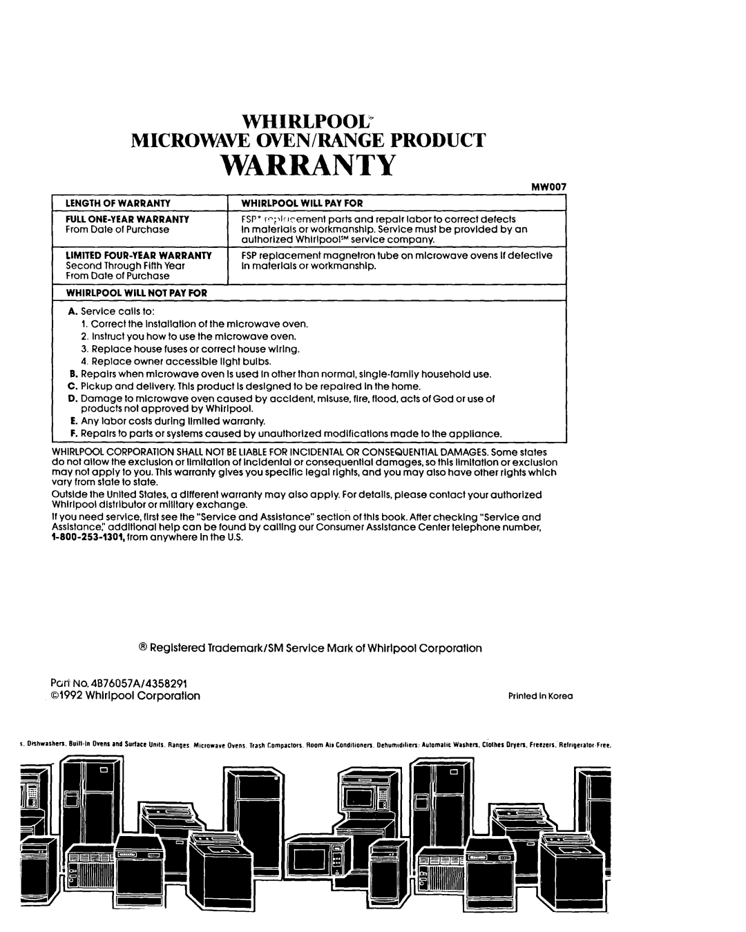 Whirlpool MH7lOOXY manual Warranty 