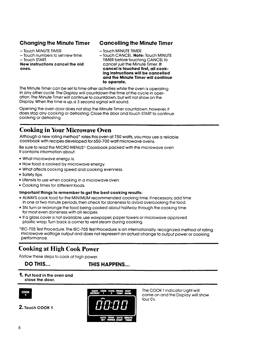 Whirlpool MH7lOOXY manual Cooking in Your Microwave Oven, Cooking at High Cook Power 