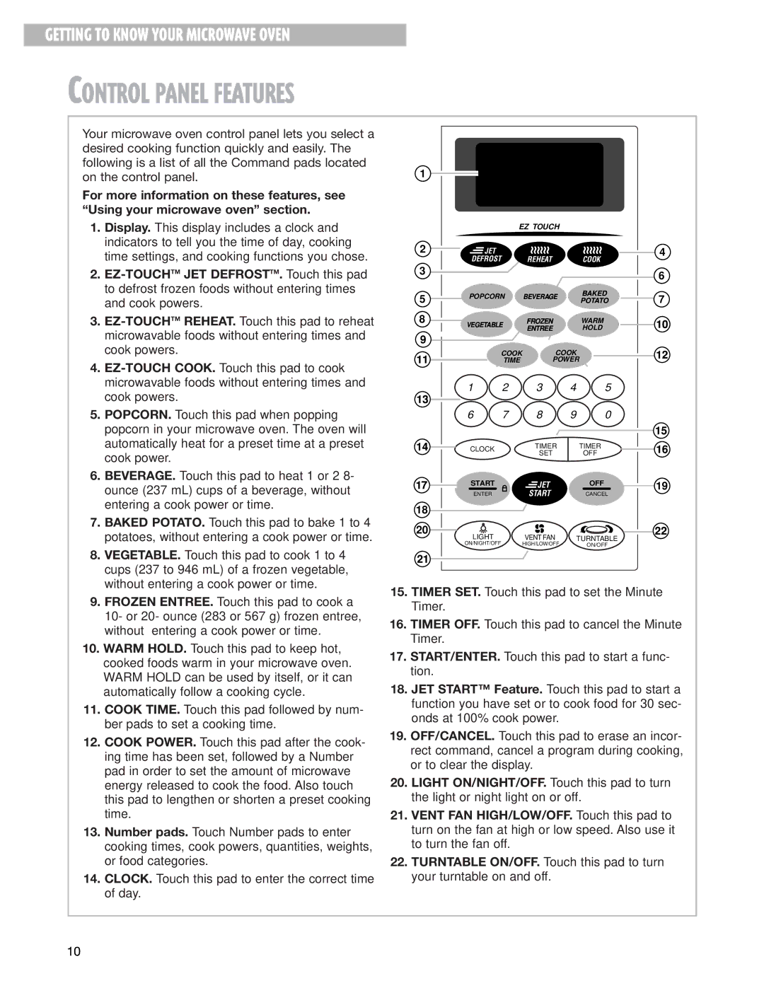 Whirlpool MH8150XJ installation instructions Control Panel Features, Entering a cook power or time 