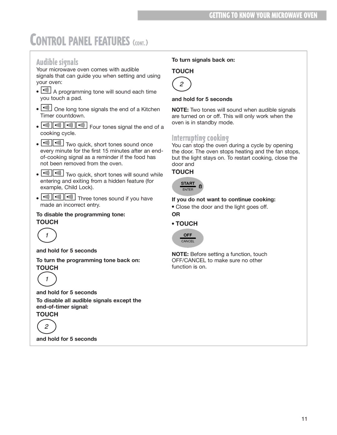 Whirlpool MH8150XJ installation instructions Audible signals, Interrupting cooking 