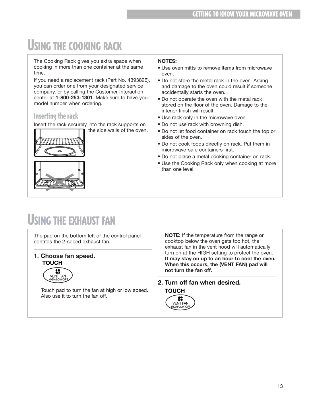 Whirlpool MH8150XJ Using the Cooking Rack, Using the Exhaust FAN, Inserting the rack, Choose fan speed 