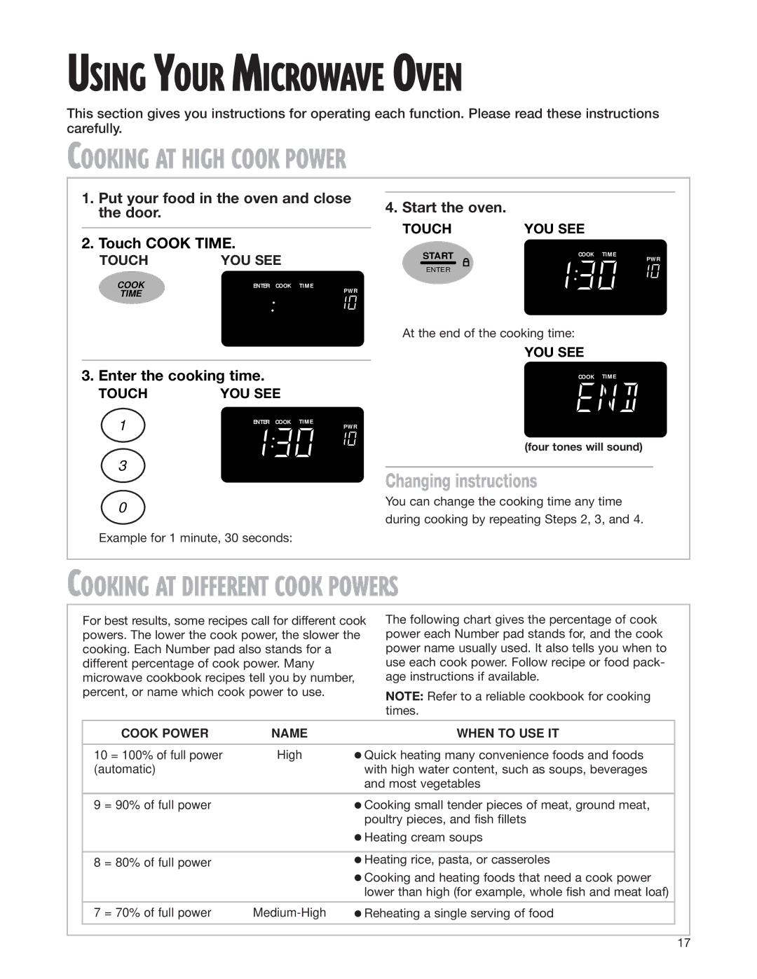 Whirlpool MH8150XJ installation instructions Cooking AT High Cook Power, Cooking AT Different Cook Powers, Touch Cook Time 