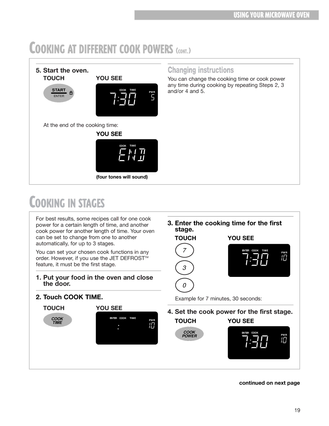 Whirlpool MH8150XJ Cooking in Stages, Enter the cooking time for the first stage, Set the cook power for the first stage 