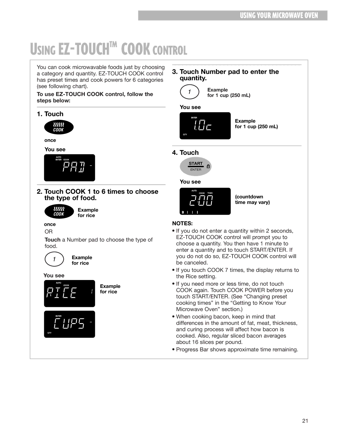 Whirlpool MH8150XJ Touch Number pad to enter the quantity, Touch Cook 1 to 6 times to choose the type of food, You see 