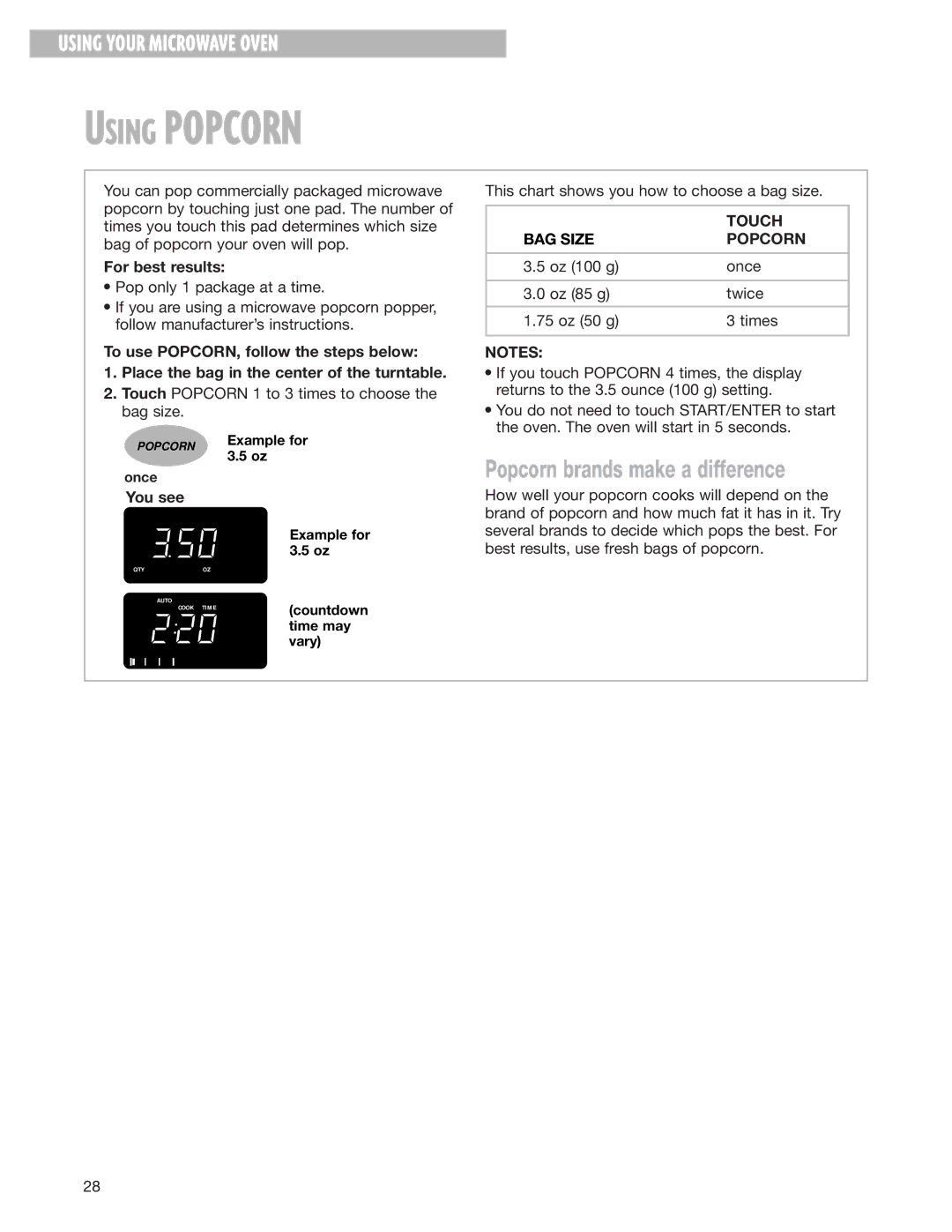 Whirlpool MH8150XJ installation instructions For best results, Touch, BAG Size Popcorn 