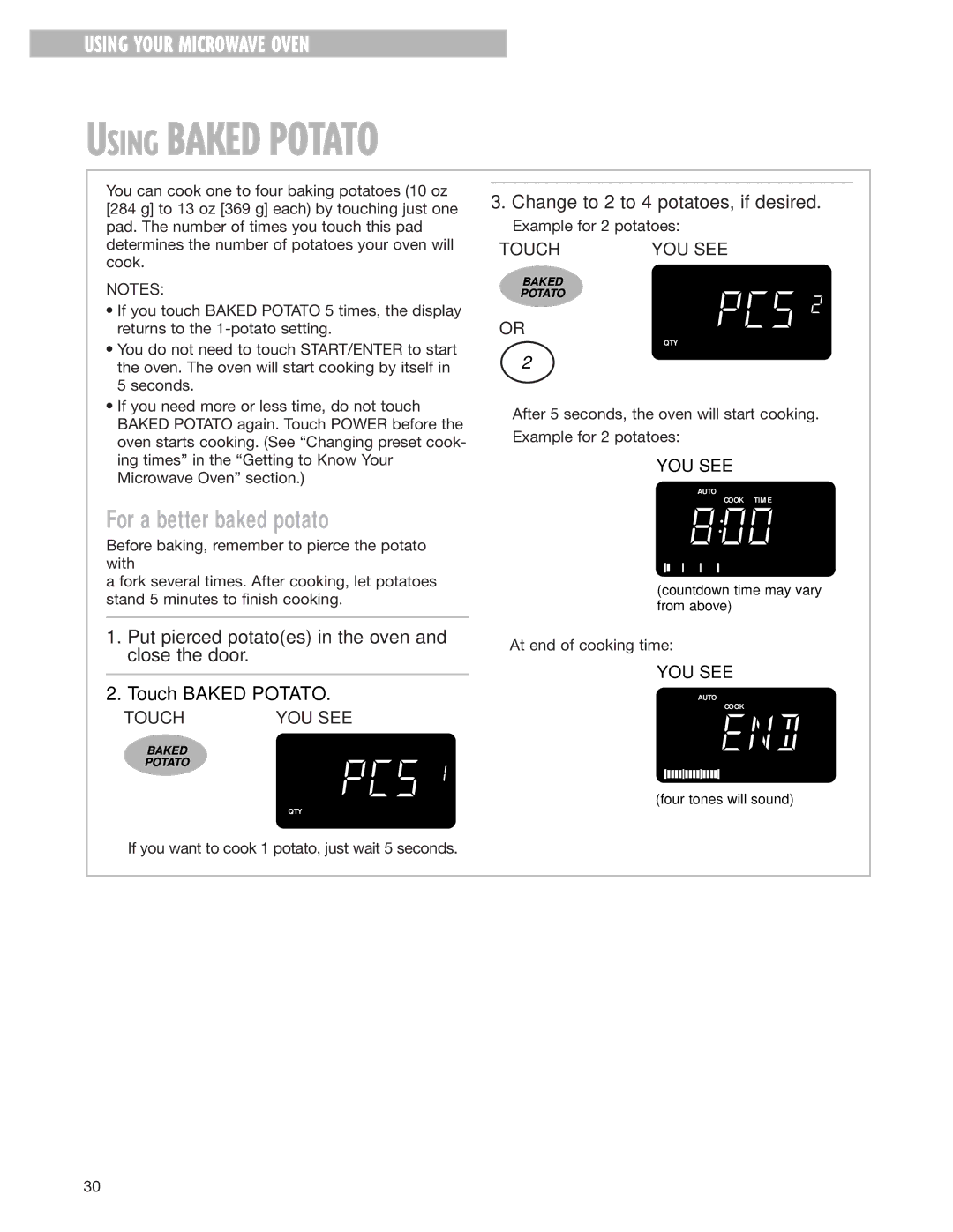 Whirlpool MH8150XJ installation instructions Using Baked Potato, Change to 2 to 4 potatoes, if desired 