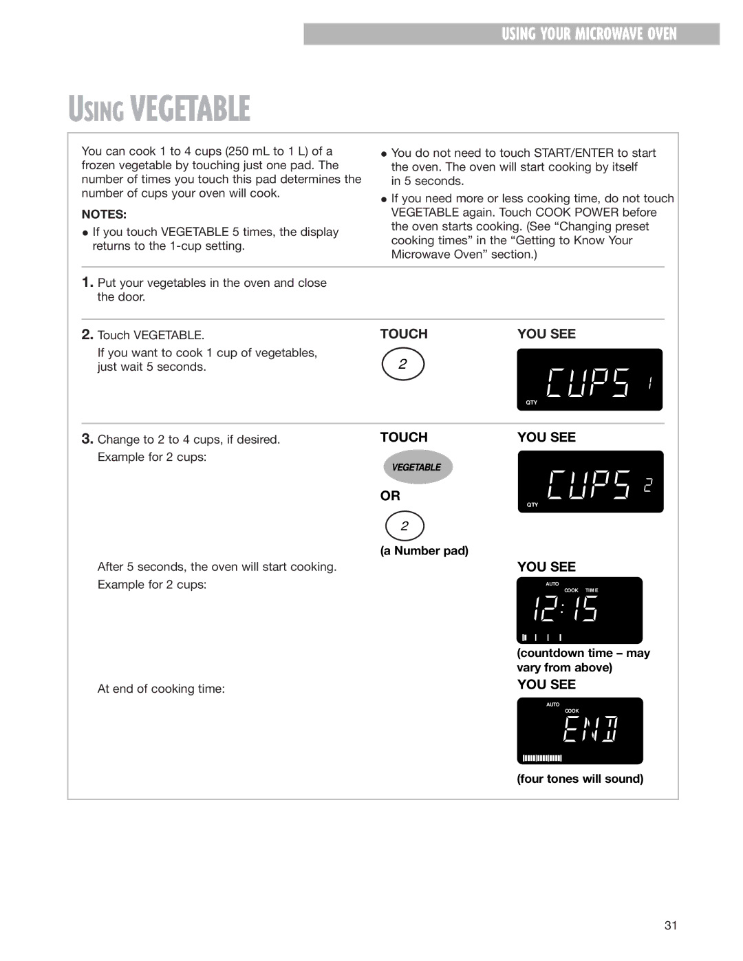 Whirlpool MH8150XJ Using Vegetable, Number pad, Countdown time may vary from above, Four tones will sound 