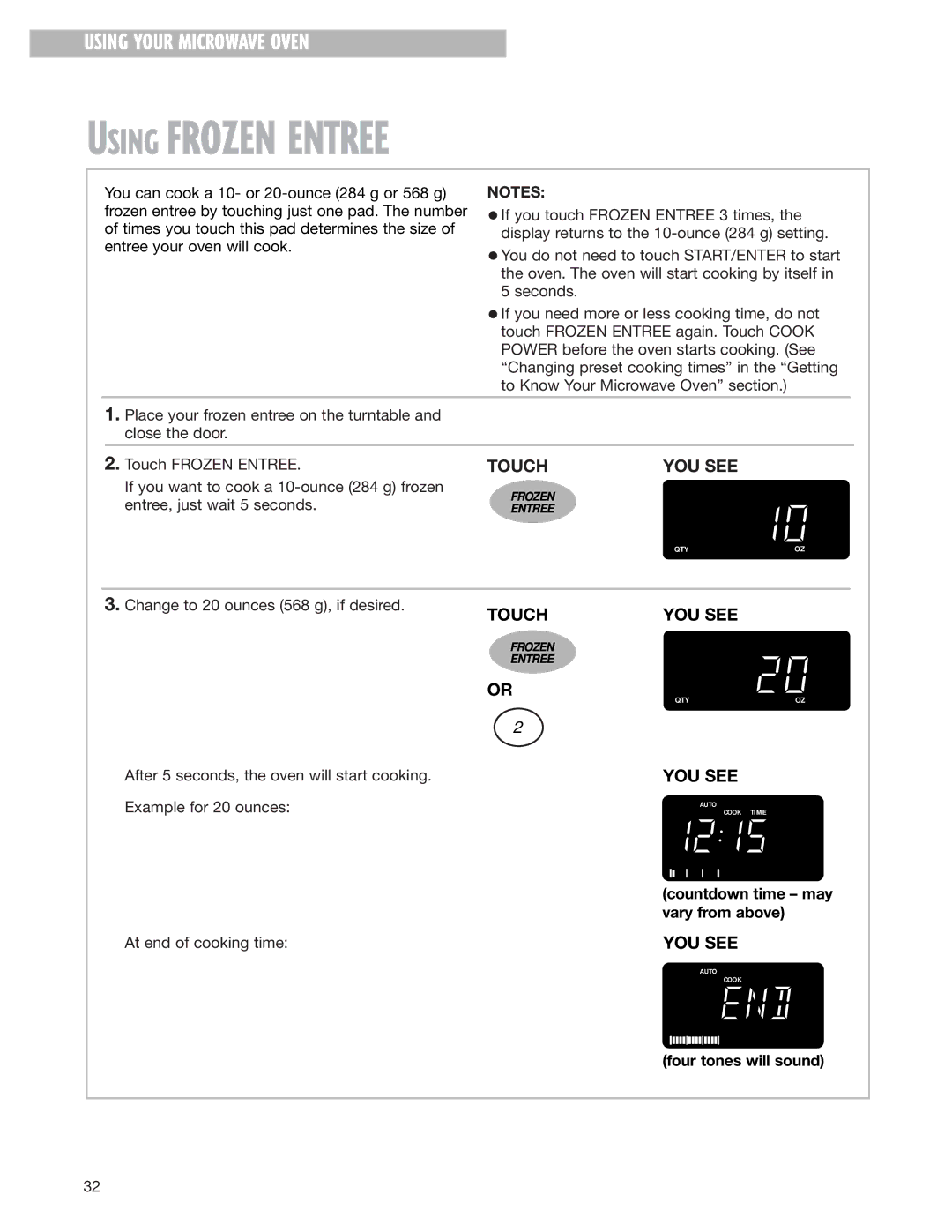 Whirlpool MH8150XJ installation instructions Using Frozen Entree 