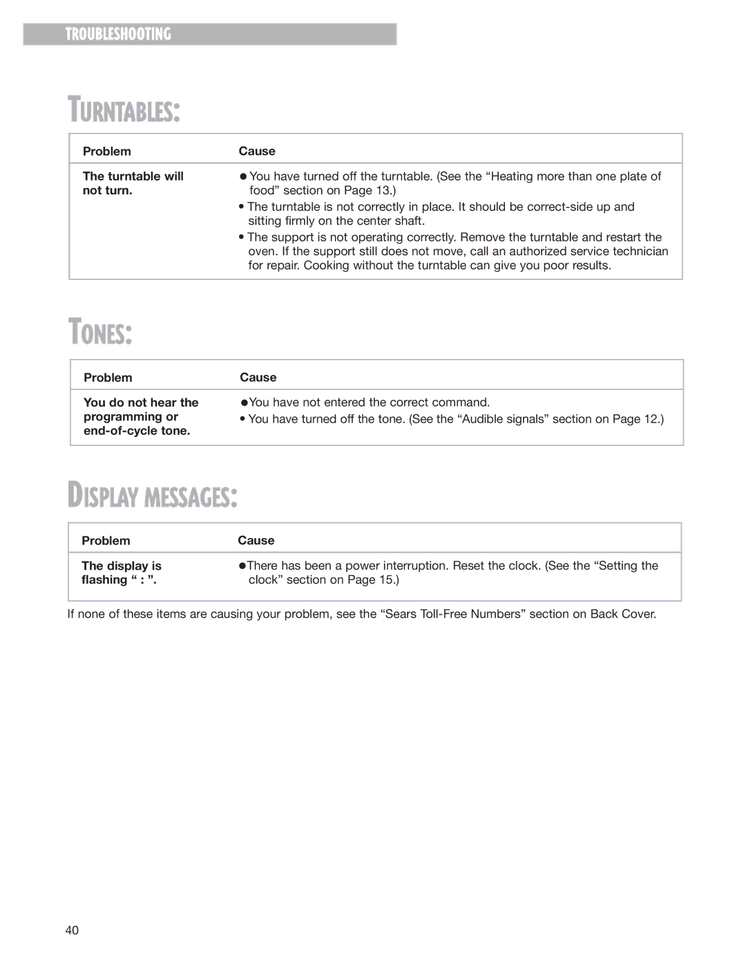 Whirlpool MH8150XJ installation instructions Turntables, Tones, Display Messages, Problem Cause Turntable will 