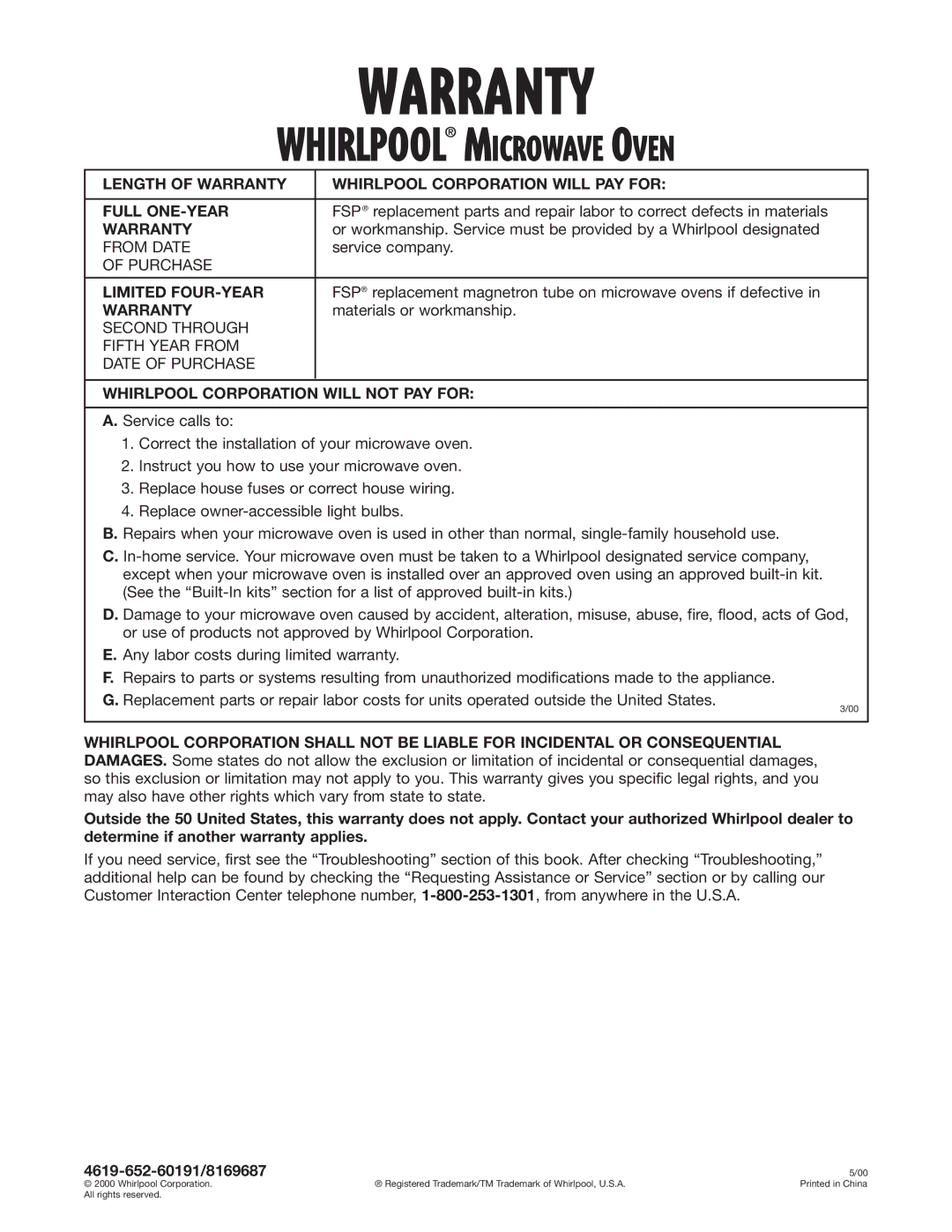 Whirlpool MH8150XJ installation instructions Warranty, Limited FOUR-YEAR, Whirlpool Corporation will not PAY for 