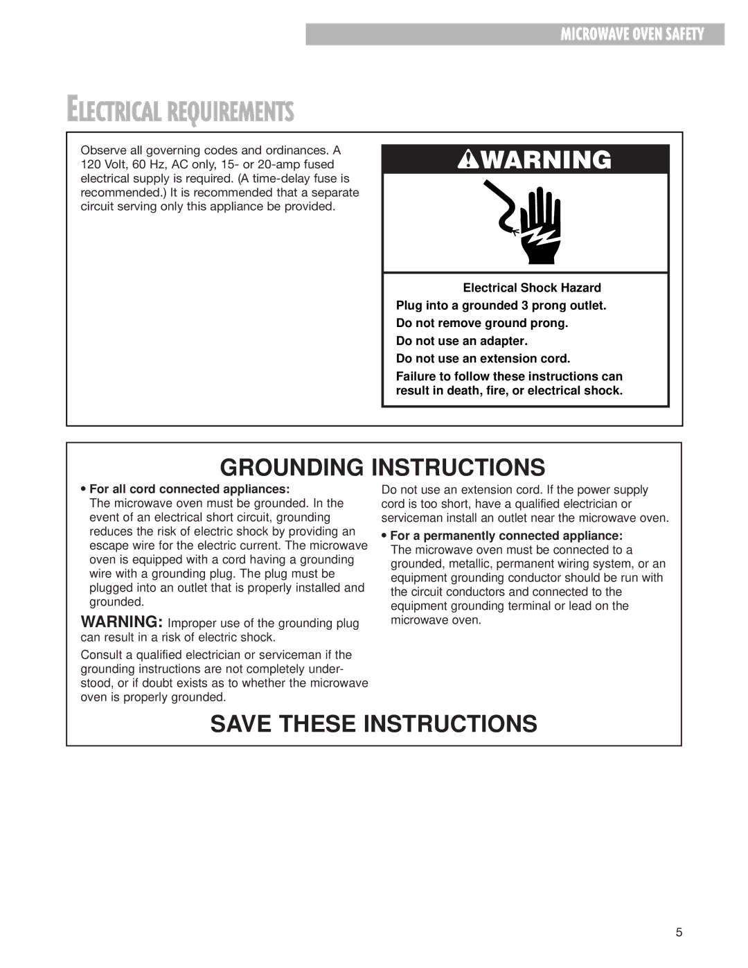 Whirlpool MH8150XJ installation instructions Electrical Requirements, For all cord connected appliances 