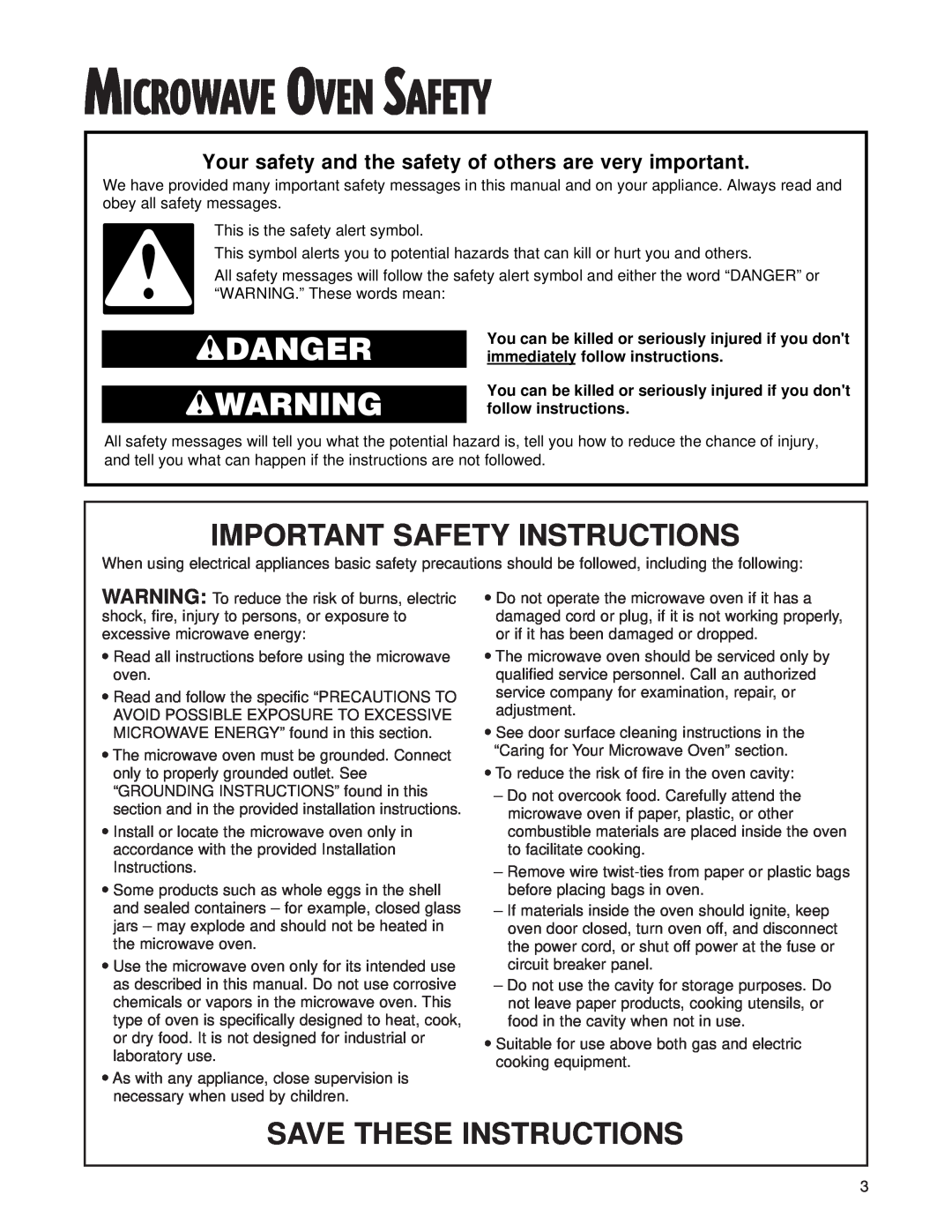 Whirlpool MH8150XJ Microwave Oven Safety, wDANGER wWARNING, Important Safety Instructions, Save These Instructions 