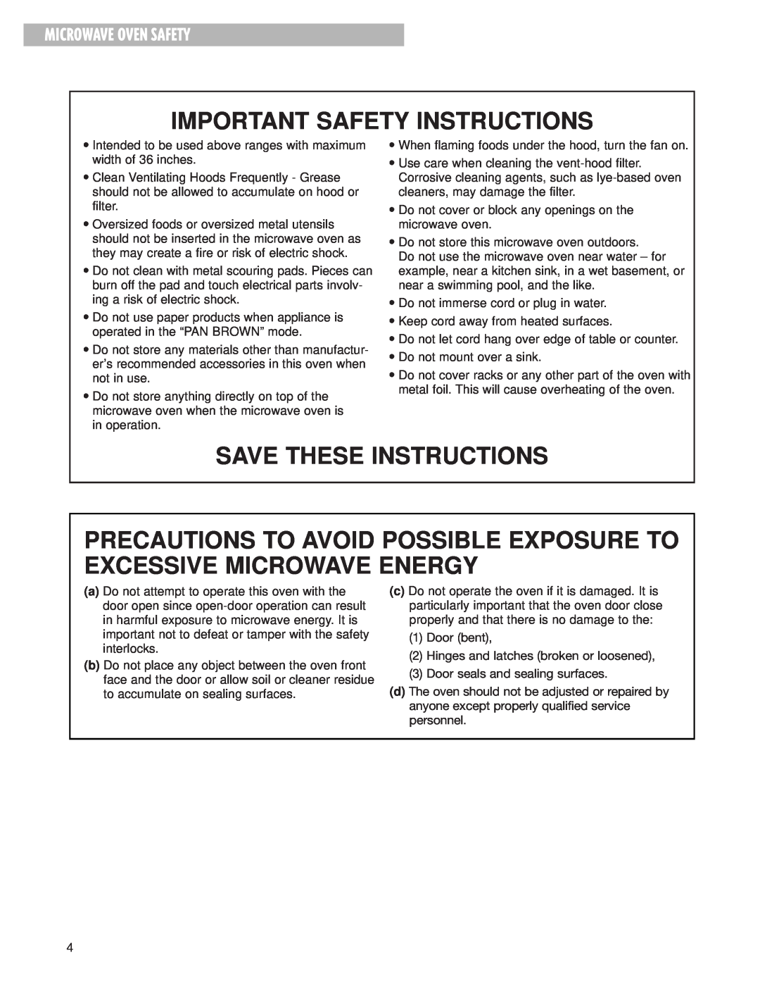 Whirlpool MH8150XJ Precautions To Avoid Possible Exposure To Excessive Microwave Energy, Microwave Oven Safety 
