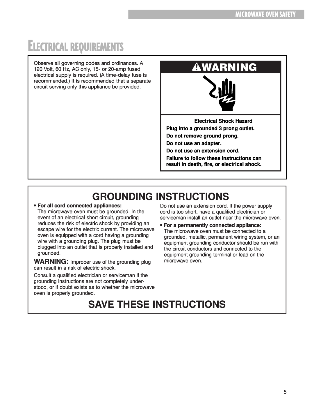Whirlpool MH8150XJ Electrical Requirements, wWARNING, Grounding Instructions, Do not use an extension cord 