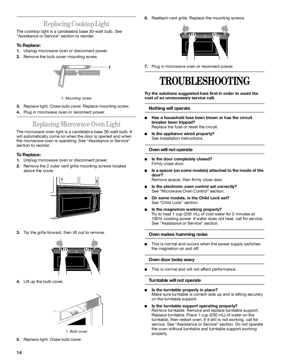 Whirlpool MH8150XM manual Troubleshooting, Replacing Cooktop Light, Replacing Microwave Oven Light 