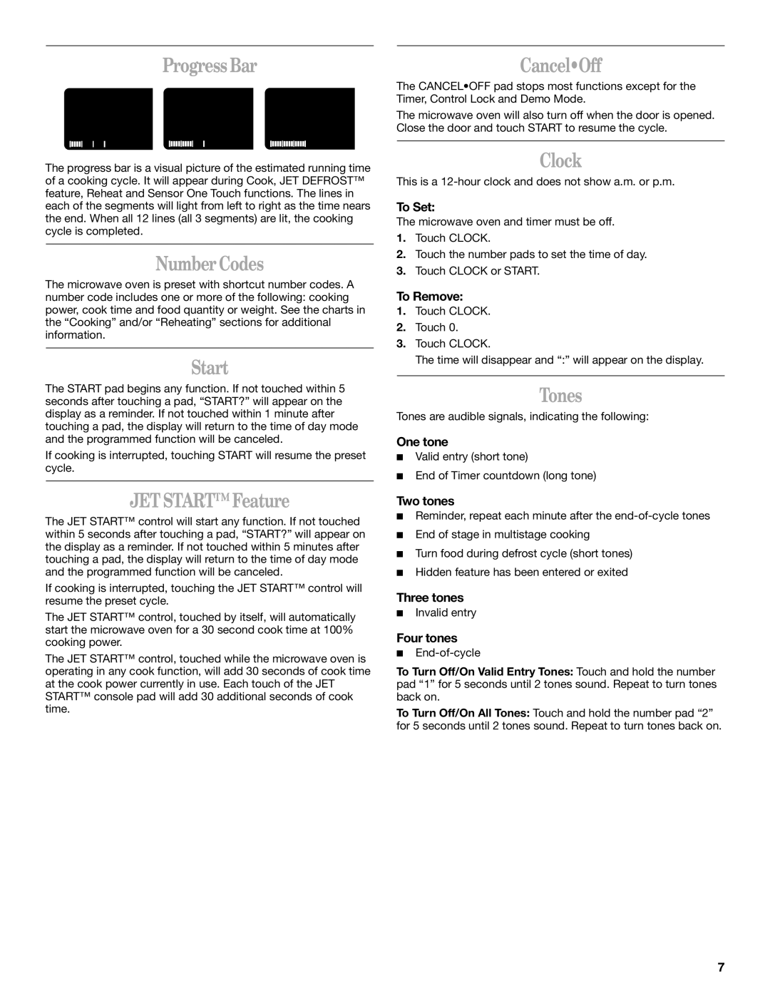 Whirlpool MH8150XM manual Progress Bar, Number Codes, JET Start Feature, CancelOff, Clock, Tones 