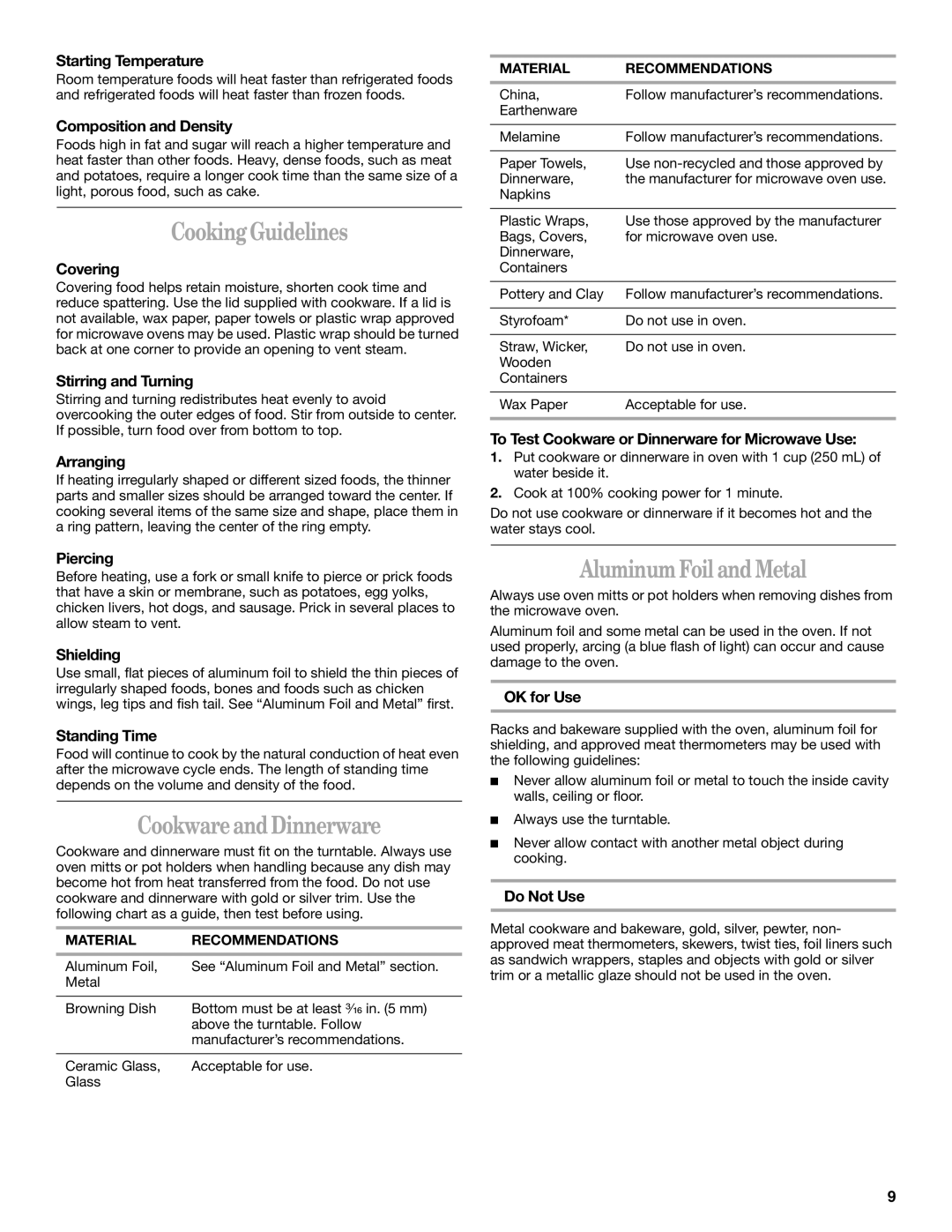 Whirlpool MH8150XM manual Cooking Guidelines, Cookware and Dinnerware, Aluminum Foil and Metal 