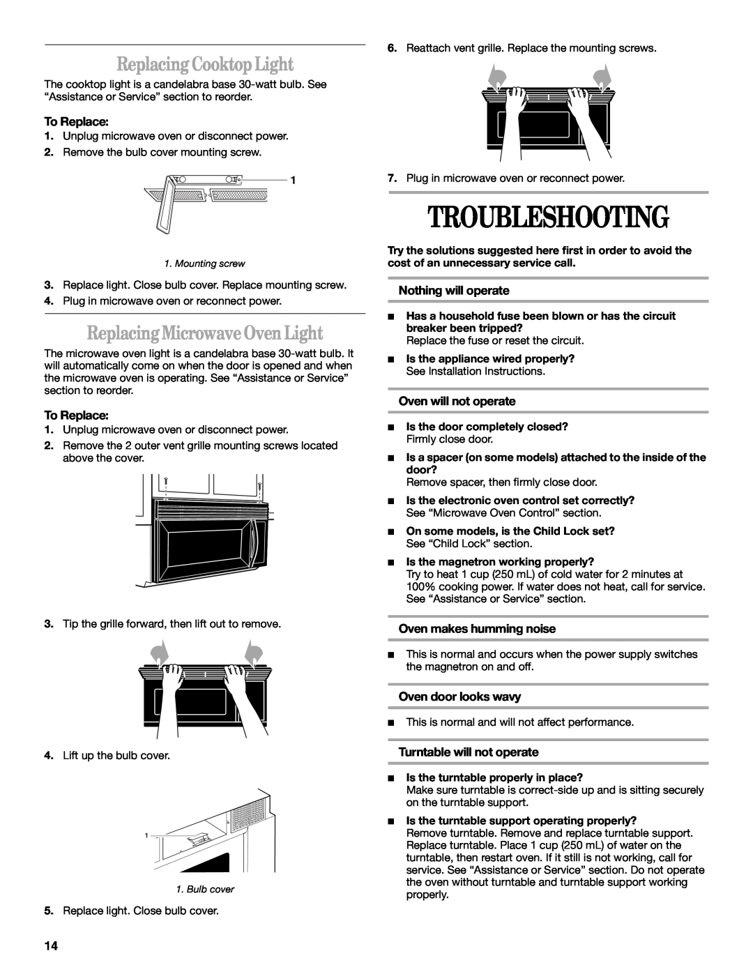 Whirlpool MH8150XM manual Troubleshooting, Replacing Cooktop Light, Replacing Microwave Oven Light 