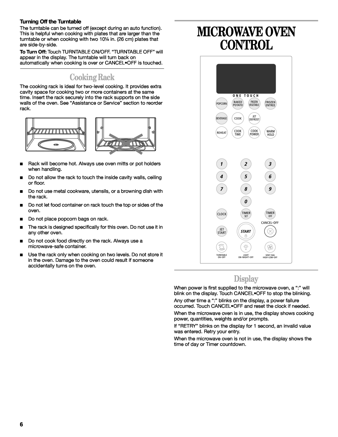 Whirlpool MH8150XM manual Microwave Oven Control, Cooking Rack, Display 