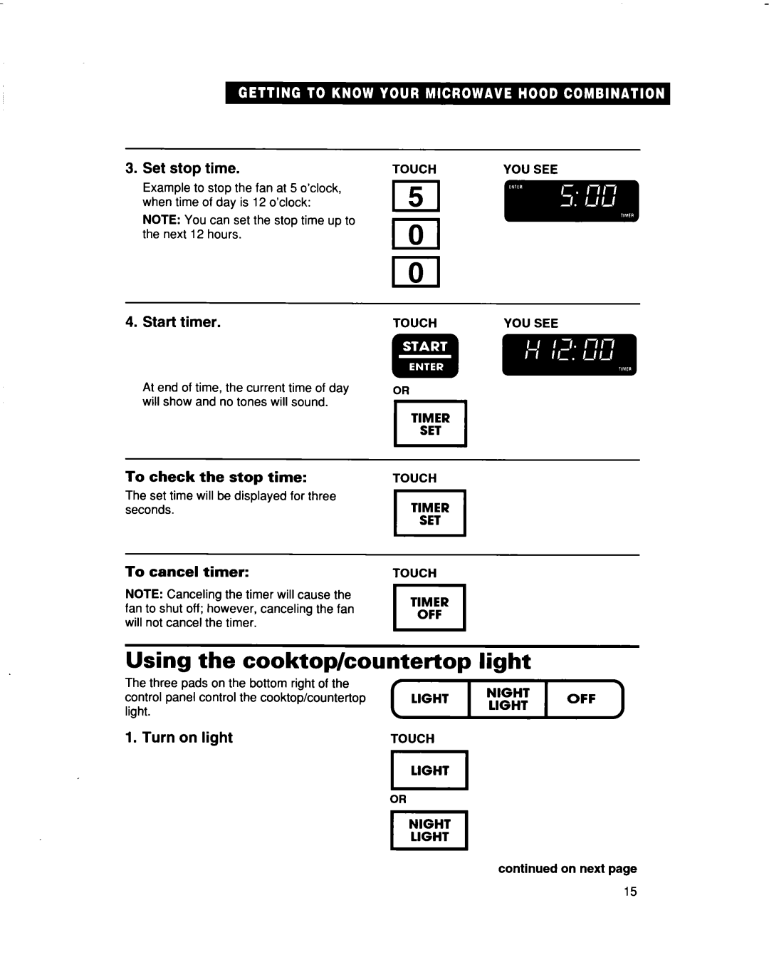 Whirlpool MH9115XB warranty Using the cooktop/countertop light 