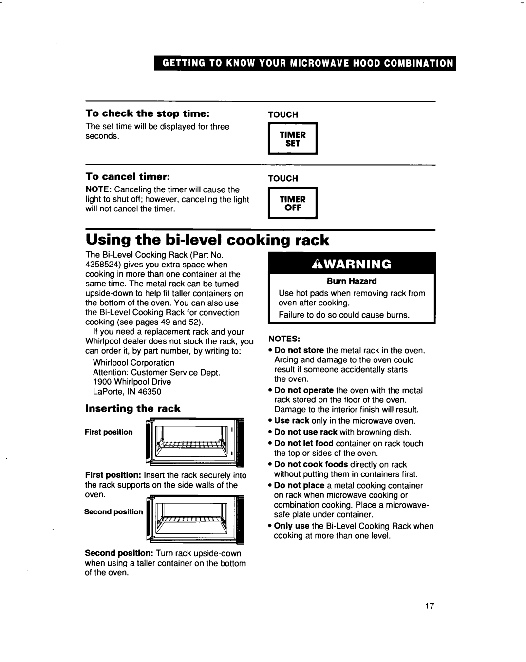 Whirlpool MH9115XB warranty Using the bi-level cooking rack, Inserting the rack 