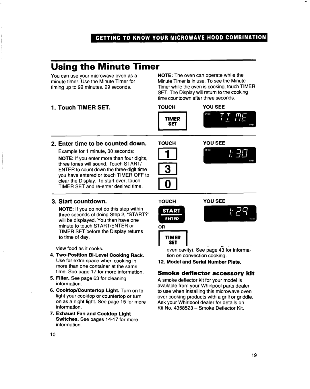 Whirlpool MH9115XB warranty IAl, Using the Minute Timer, Touch Timer SET Enter time to be counted down, Start countdown 