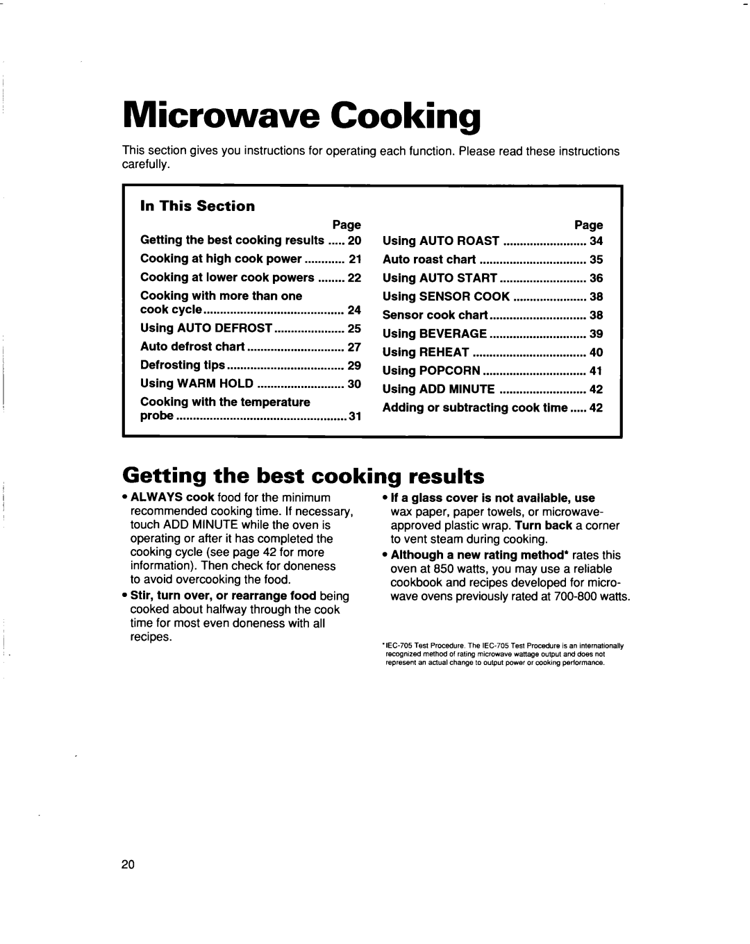 Whirlpool MH9115XB warranty Microwave Cooking, Getting the best cooking results, Auto Start, Sensor Cook, Auto Defrost 