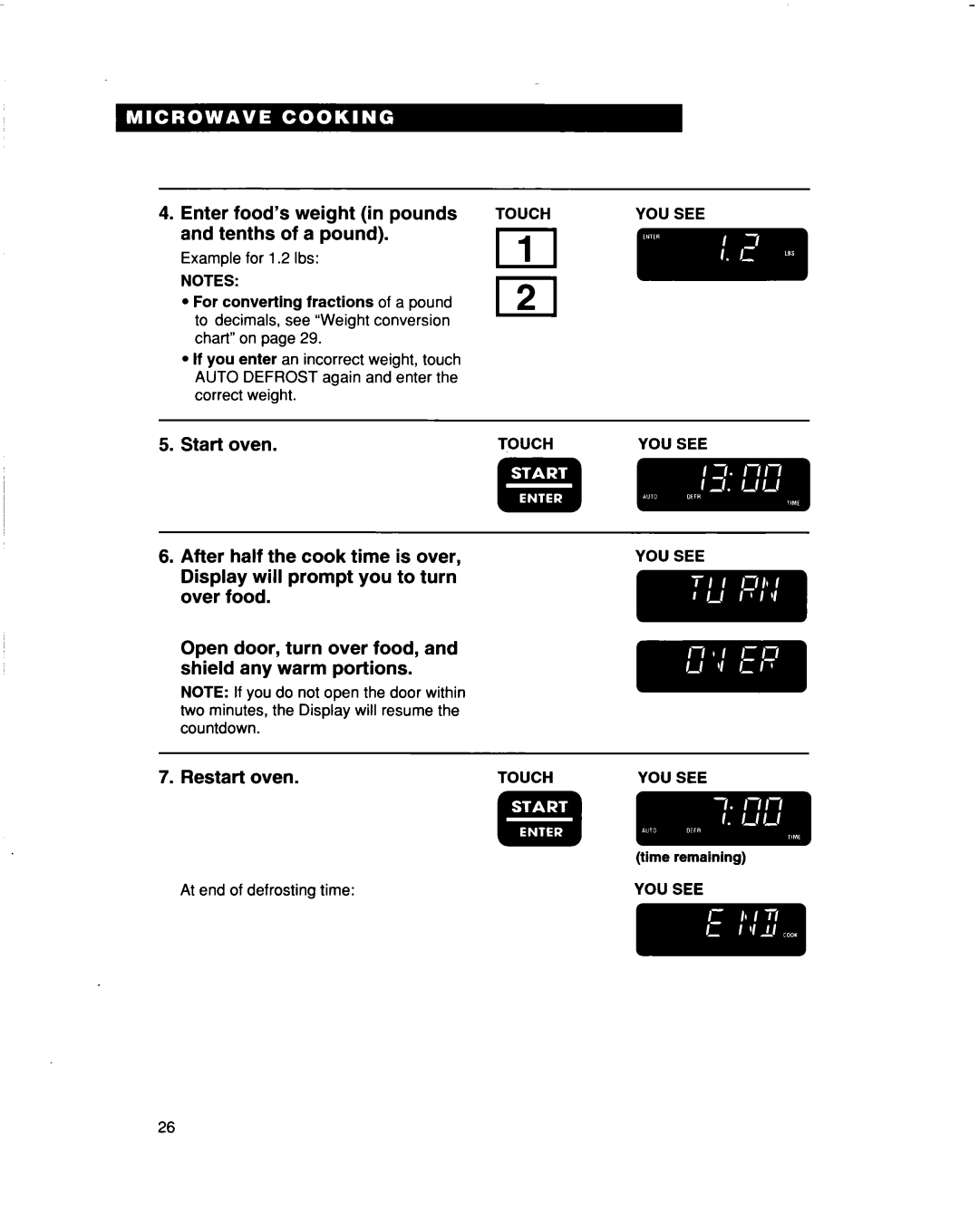 Whirlpool MH9115XB warranty Enter food’s weight in pounds and tenths of a pound, Restart oven.TOUCHYOU see 