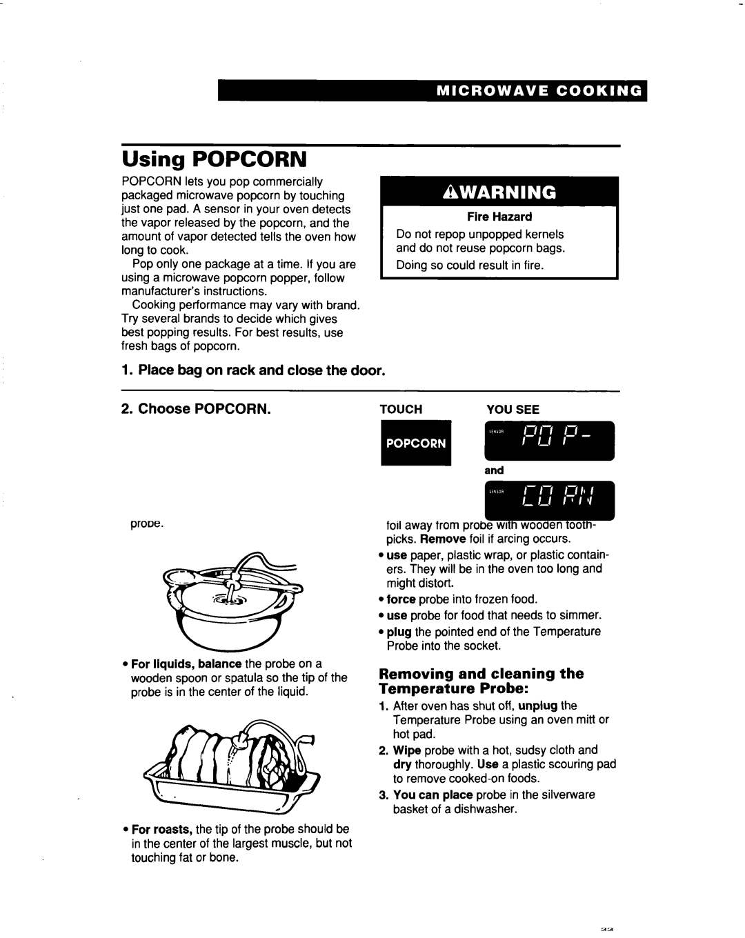 Whirlpool MH9115XB warranty Using Popcorn, Place bag on rack and close the door Choose Popcorn 