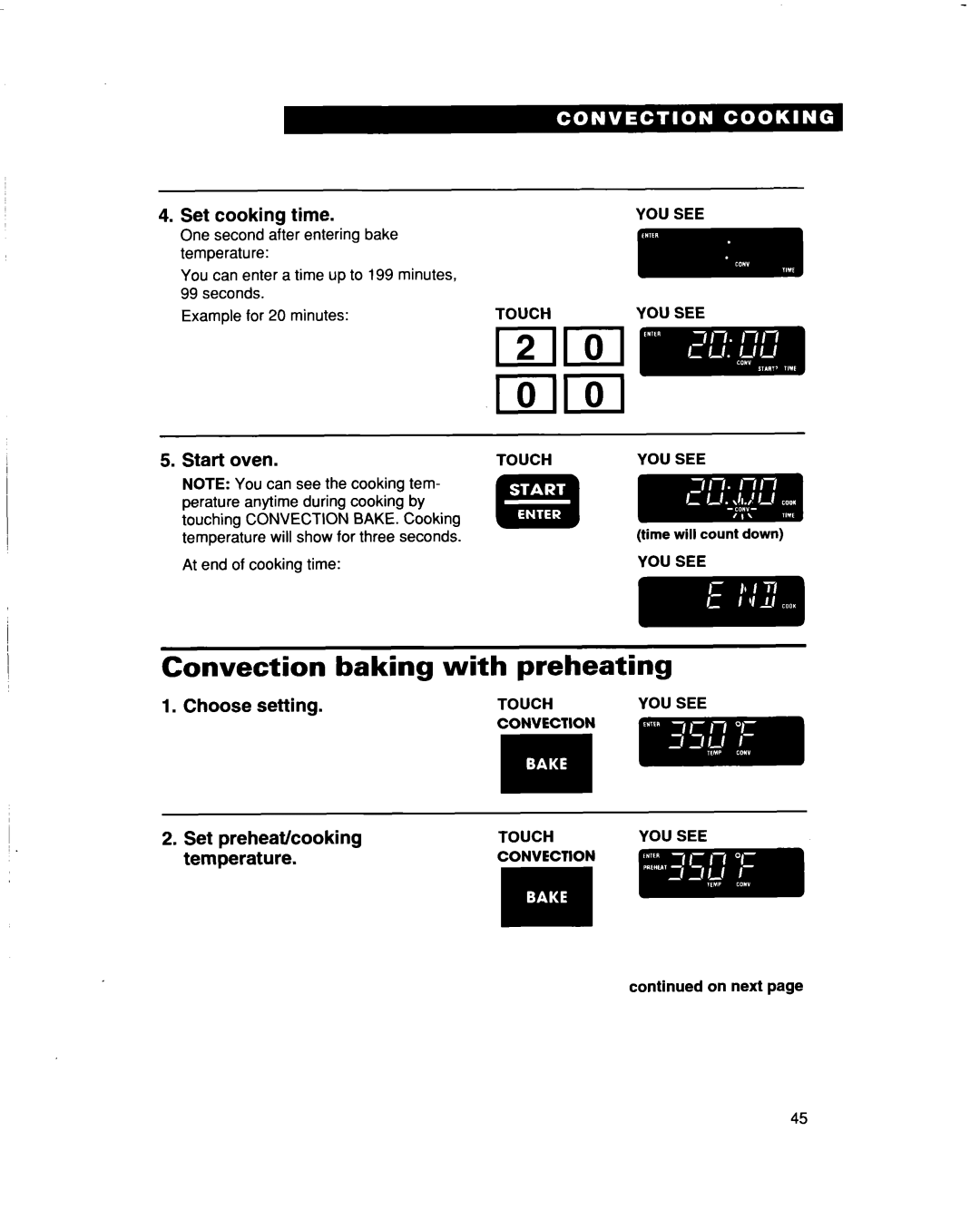 Whirlpool MH9115XB warranty Convection baking with preheating, Set preheat/cooking temperature 