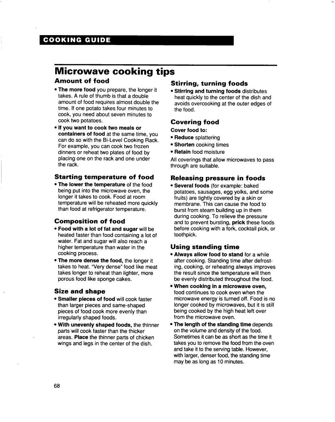 Whirlpool MH9115XB warranty Microwave cooking tips 