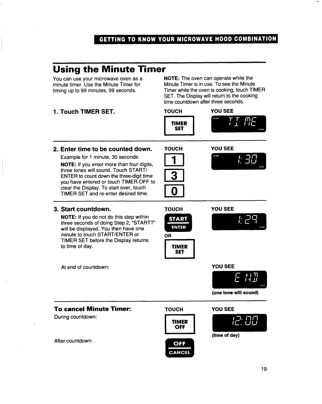 Whirlpool MH9115XB Using the Minute Timer, Touch TIMER SET 2.Enter time to be counted down, Start countdown, 111 l-3-l 