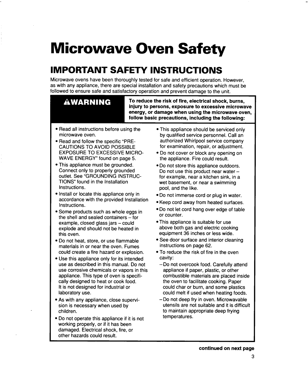 Whirlpool MH9115XB warranty Microwave Oven Safety, Important Safety Instructions 
