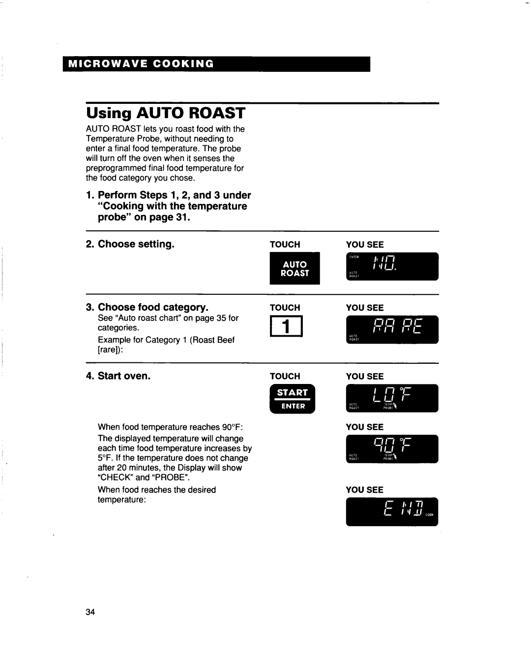 Whirlpool MH9115XB warranty Using AUTO ROAST, Choose food category, Start oven, Choose setting 
