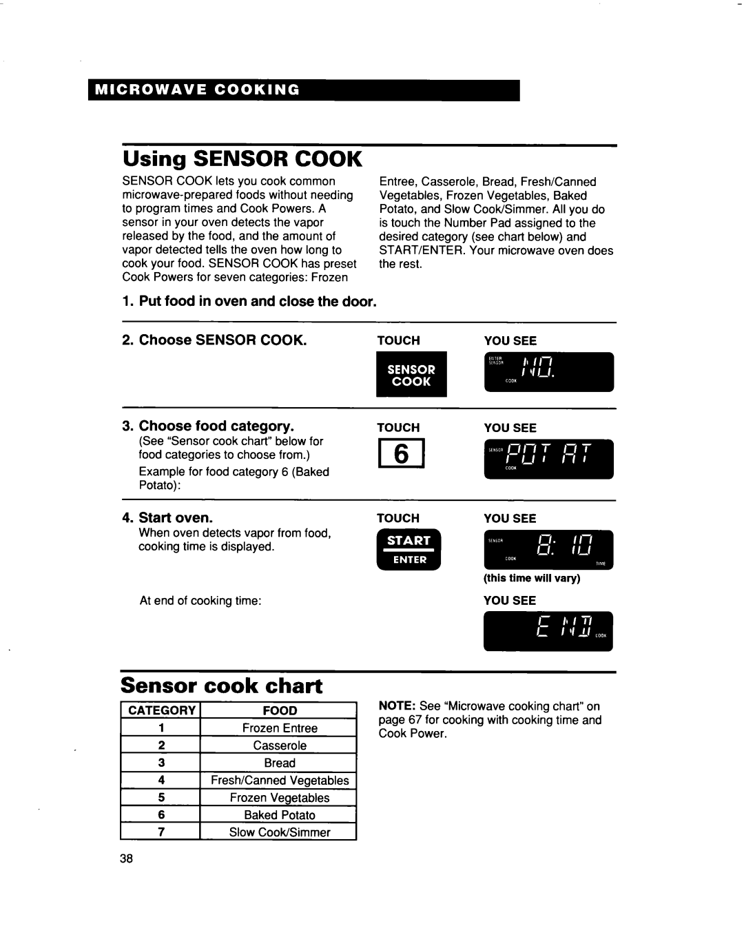 Whirlpool MH9115XB warranty Using SENSOR COOK, Sensor cook chart, Choose SENSOR COOK 3.Choose food category, Star& oven 