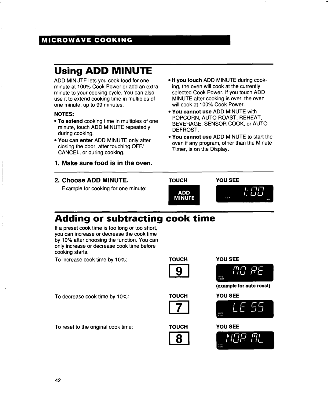 Whirlpool MH9115XB Using ADD MINUTE, Adding or subtracting cook time, Make sure food is in the oven, Choose ADD MINUTE 