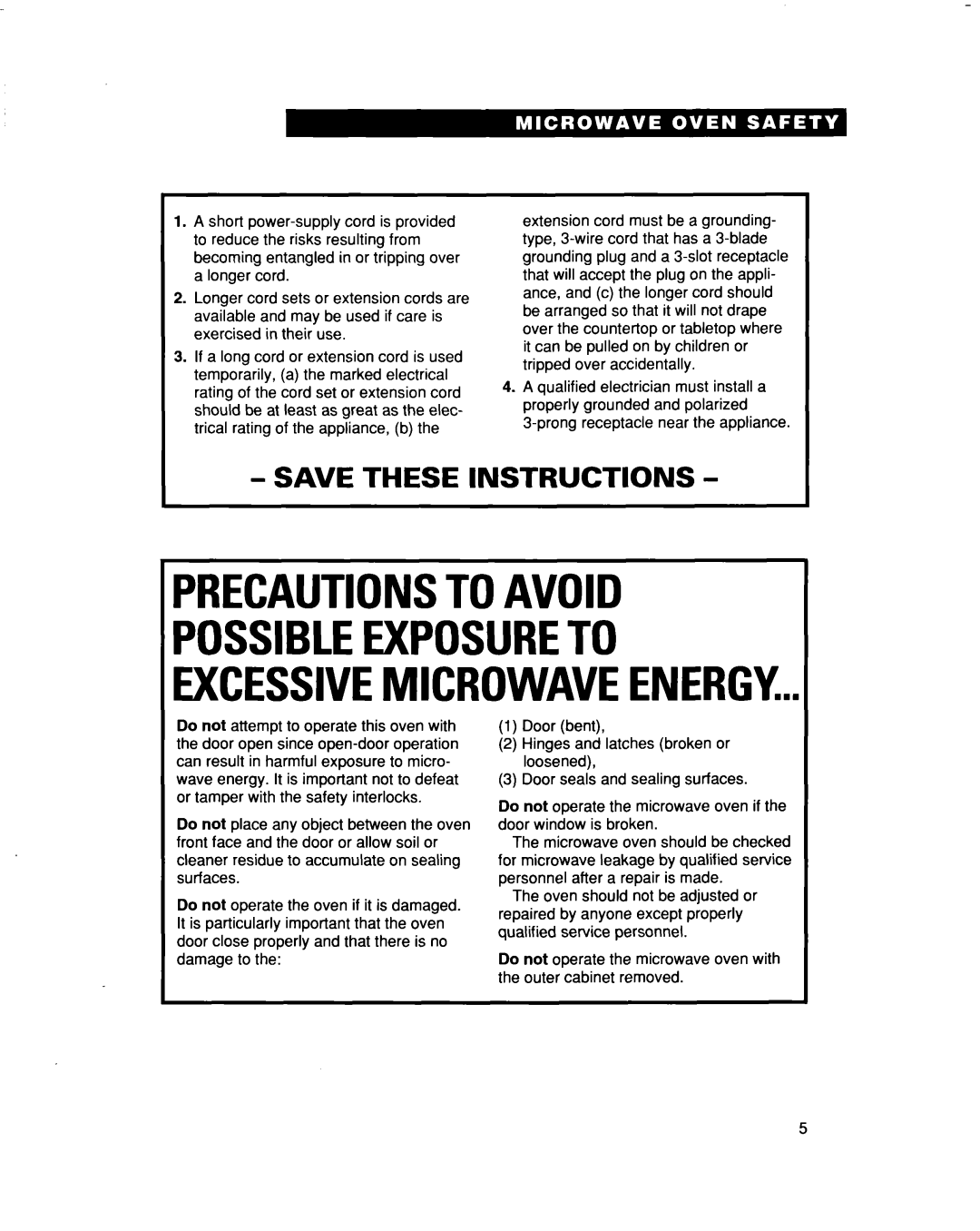 Whirlpool MH9115XB warranty Save These Instructions, Precautionstoavoid, Possibleexposureto Excessivemicrowaveenergy 