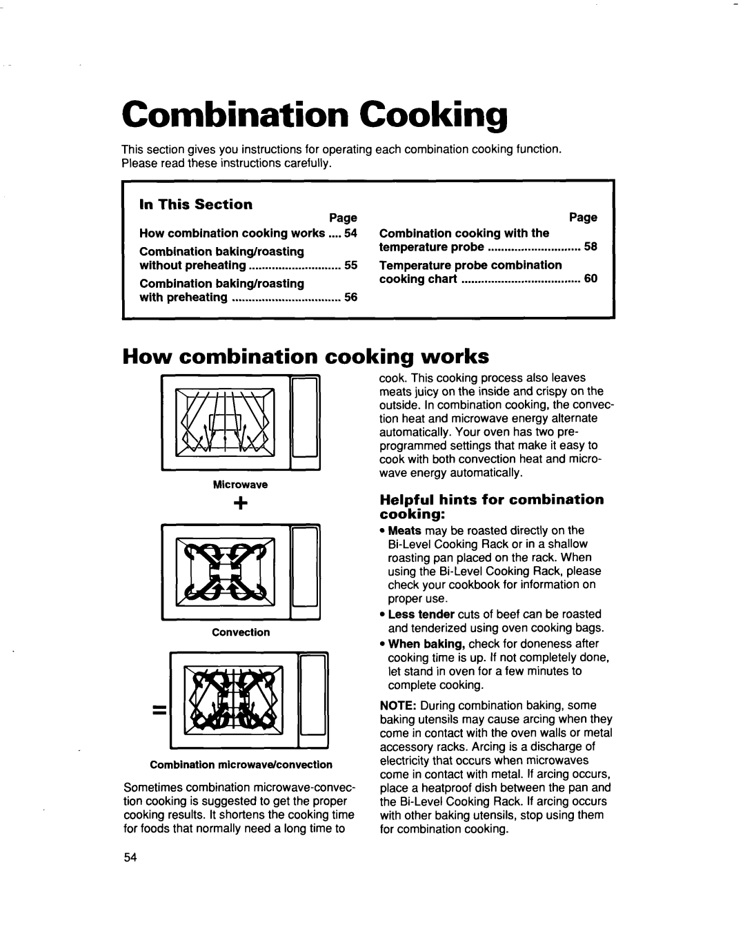 Whirlpool MH9115XB Combination Cooking, How combination cooking works, Section, Helpful hints for combination cooking 