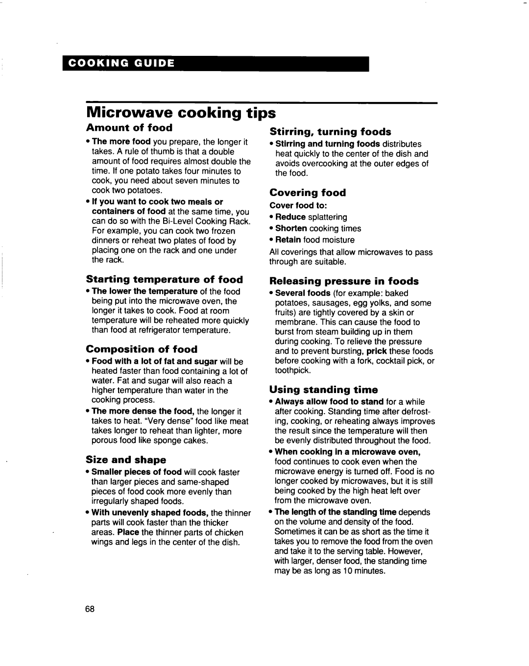 Whirlpool MH9115XB Microwave cooking tips, Amount of food, Stirring, turning foods, Covering food, Composition of food 