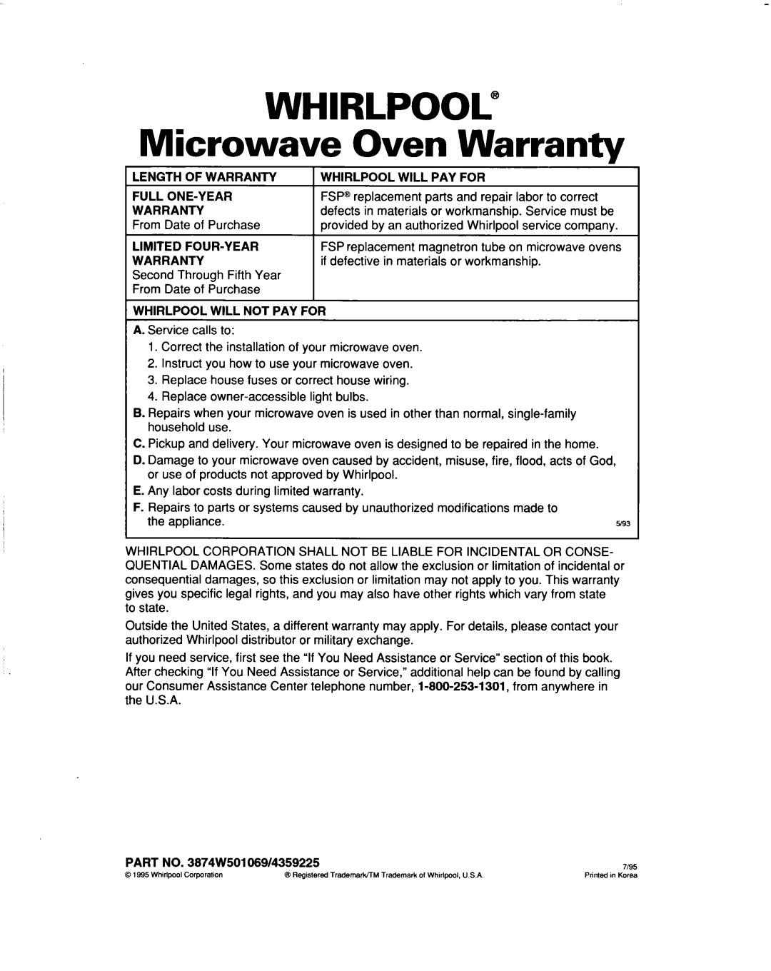 Whirlpool MH9115XB warranty WHIRLPOOL” Microwave Oven Warranty 