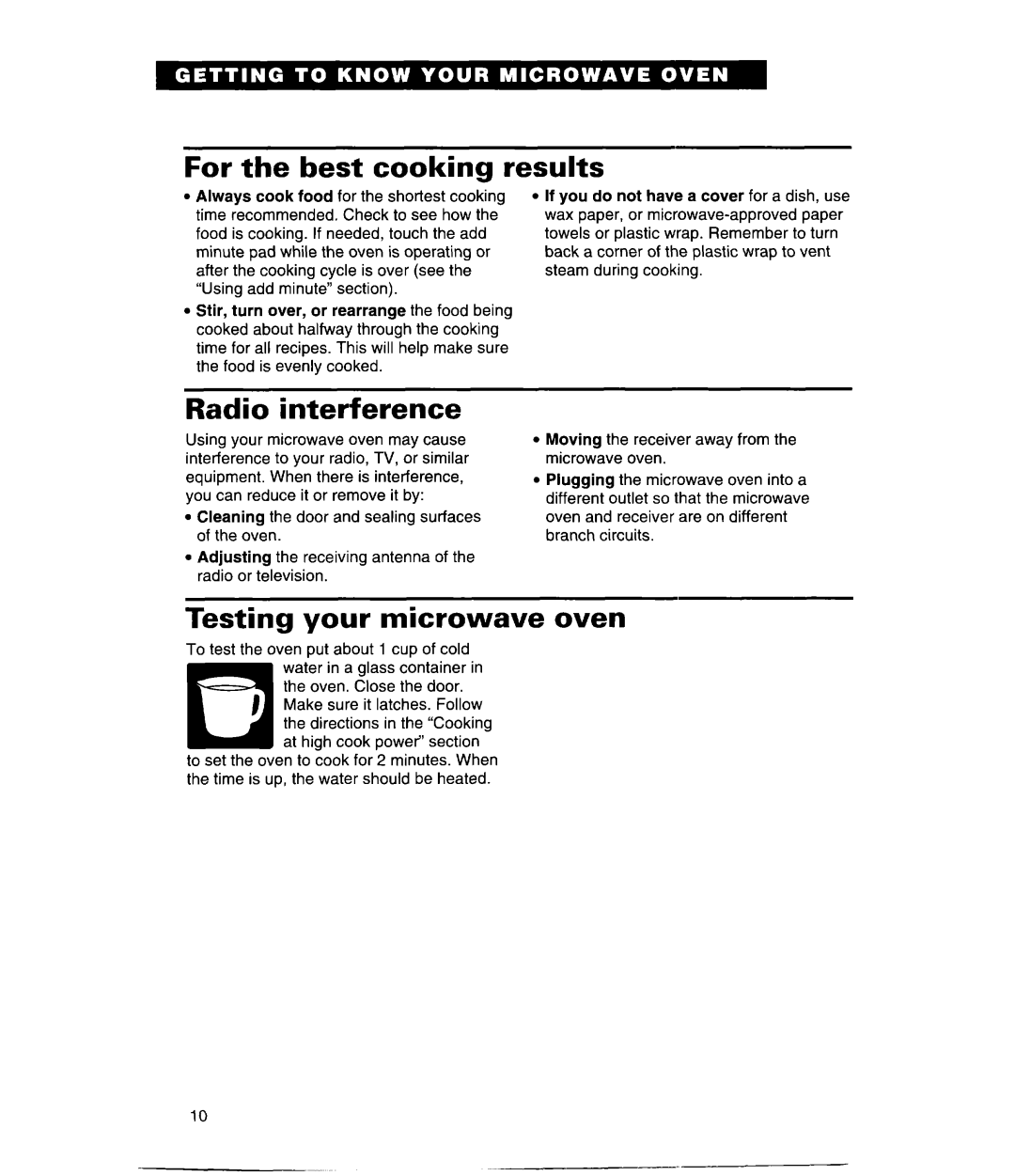 Whirlpool MH9115XE, GH9115XE warranty For the best cooking results, Radio interference, Testing your microwave oven 