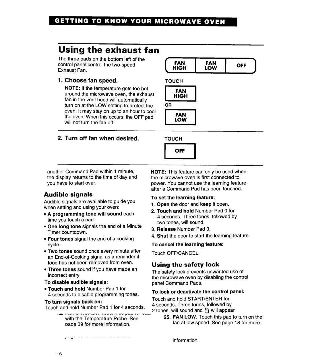 Whirlpool MH9115XE, GH9115XE warranty Using the exhaust fan, Touch 