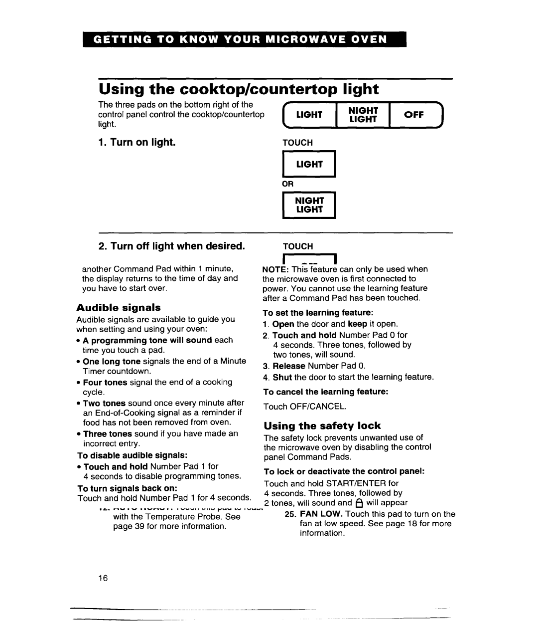 Whirlpool MH9115XE, GH9115XE warranty Using the cooktop/countertop, Light, Turn on light, Turn Off light when desired 