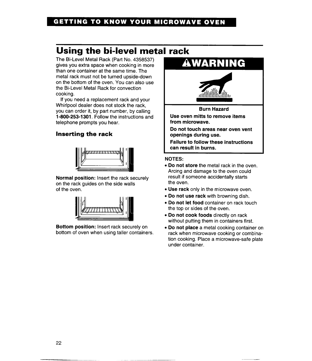 Whirlpool MH9115XE, GH9115XE warranty Using the bi-level metal, Rack, Inserting the rack 